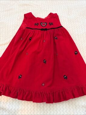Girls Red Heart-Embroidered Corduroy Dress